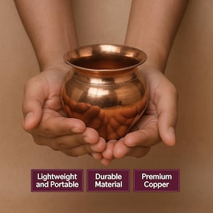 Pure Copper Kalash / Small Water Pot – 450 ml, Handmade Hindu Puja Lota, Traditional Ritual Vessel & Decorative Home Accent, Pooja Utensils