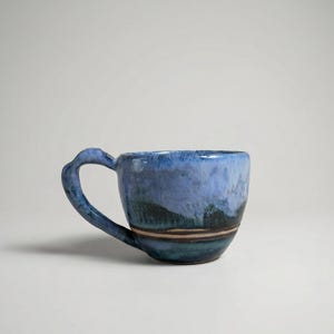 Forest Road Inspired Ceramic Mug – Blue Pottery Cup with Handmade Handle