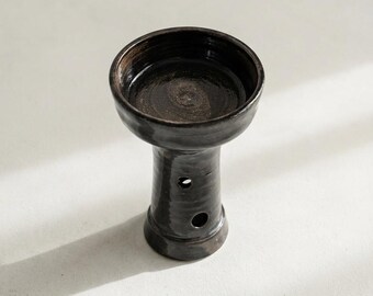 Dark Glossy Stoneware Pillar Candle Holder with Flared Bowl Top