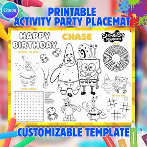 Podkładka z aktywnościami SpongeBob Kolorowanki SpongeBob Szablon podkładki z motywem SpongeBob Dekoracja imprezy SpongeBob Arkusz aktywności z motywem SpongeBob