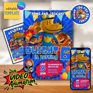 Dog Man Birthday Invitation with Thank you Sticker and Welcome Signage Editable Template Video Invitation Personalized Customized Dogman