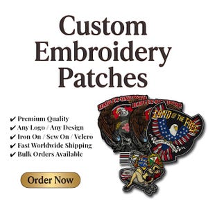 May include: Custom embroidery patches with various designs, including an eagle with the text "Land of the Free" and Harley-Davidson logos. The image also includes the text "Premium Quality", "Any Logo / Any Design", "Iron On / Sew On / Velcro", "Fast Worldwide Shipping", and "Bulk Orders Available".