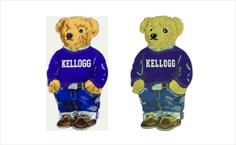 Op de afbeelding: Twee illustraties van een teddybeer die een blauwe trui draagt met de tekst KELLOGG in witte letters, een blauwe spijkerbroek met omgeslagen zomen en bruine bootschoenen. De beer heeft lichtbruine vacht, een zwarte neus en donkere ogen.