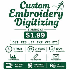 Könnte beinhalten: Eine dunkelgrüne und weiße Grafikwerbung für individuelle Stickerei-Digitalisierungsdienste. Sie enthält Text wie "Custom Embroidery Digitizing", "Starting at $1.99" und listet Dateiformate wie DST, PES, JEF, EXP und VP3 mit Symbolen auf.