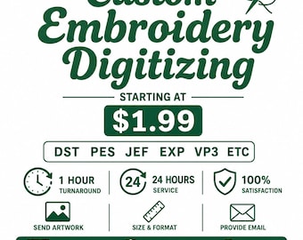 Op de afbeelding: Een donkergroene en witte grafische advertentie voor aangepaste borduur-digitaliseringsdiensten. Het bevat tekst zoals "Custom Embroidery Digitizing", "Starting at $1.99" en vermeldt bestandsformaten zoals DST, PES, JEF, EXP en VP3 met iconen.