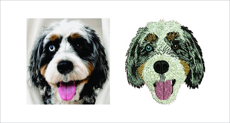 Op de afbeelding: Een vergelijking naast elkaar met een foto van een driekleurige hond met &eacute;&eacute;n blauw oog en &eacute;&eacute;n bruin oog, naast een gedetailleerd machineborduurontwerp van het gezicht van dezelfde hond, met gestructureerde stiksels en een felroze tong.