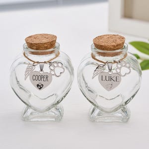 Peut inclure: Deux bocaux en verre transparent en forme de c&oelig;ur avec des bouchons en li&egrave;ge. Chaque bocal porte un charm argent&eacute; avec une empreinte de patte, une aile et un pendentif en forme de c&oelig;ur avec les noms des animaux de compagnie, "COOPER" et "LUKE".