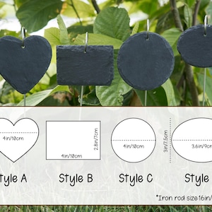 May include: Slate garden markers in heart, square, circle, and oval shapes. Each marker has a metal loop for hanging. The iron rod is 16 inches (40 cm). The markers are 4 inches (10 cm) wide.
