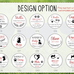 May include: Circular memorial design options with pet names and dates, including "Luke," "Stella," "Bruno," and "Charlie." Each design features a pet-related graphic, such as paw prints or angel wings, and text like "Forever Loved."