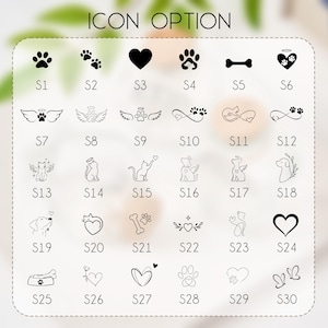 Peut inclure: Une s&eacute;lection d'options d'ic&ocirc;nes, comprenant des empreintes de pattes, des c&oelig;urs, des ailes d'ange, des os et des motifs sur le th&egrave;me des animaux de compagnie. Le texte "ICON OPTION" est affich&eacute; en haut. Chaque ic&ocirc;ne est num&eacute;rot&eacute;e de S1 &agrave; S30.