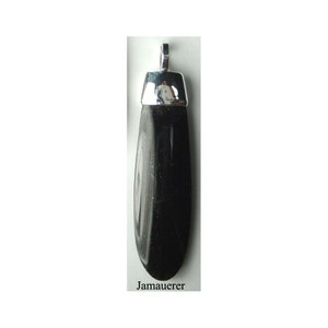 May include: Black gemstone pendant with a silver bail. The gemstone is oval shaped and has a smooth, polished finish.