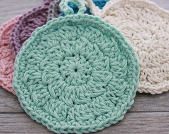 Crochet Bath Scrubby - Round Crochet Mini Washcloth - Large Face Scrubby in colors of Cream, Pink, Purple, Gray, Mint Green, Turquoise
