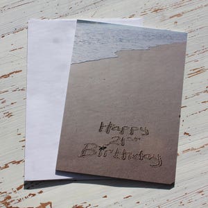 Happy 21st Birthday Card. Beach Writing, Sand Writing, Beach Present, Photo Card, image 1