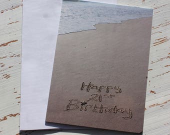 Happy 21st Birthday Card. Beach Writing, Sand Writing, Beach Present, Photo Card,