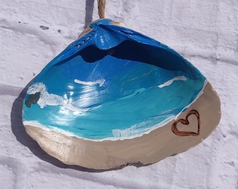 Painted Sea Shell Ornament with heart, Beach Ornament