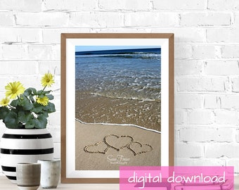 3 Hearts in the Sand, Digital Download, Beach Writing, Waves. Ocean