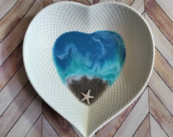 Heart Beach Scene Resin Trinket Bowl Bone China ocean art gift housewarming present jewelry dish beachy decor beach art mikasa bowl