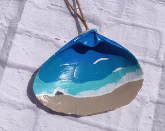 Painted Sea Shell Ornament Beach Ornament, Waves Crashing on Rock in Ocean