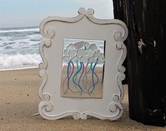 Sea Glass Art, Sea Glass Gift, Pastel Jellyfish, Sea Glass, Sun Catcher, Mosaic, Wood Art, Wall Hanging, Nautical, Beach Decor