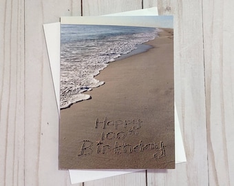 100th Birthday Card, Beach Writing, Sand Writing, Happy Birthday, Beach Photo Card,