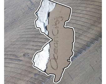 Beach Sticker, Ocean City, NJ State Shape Sticker, Jersey Shore Sticker, Beach Writing, Beach Art
