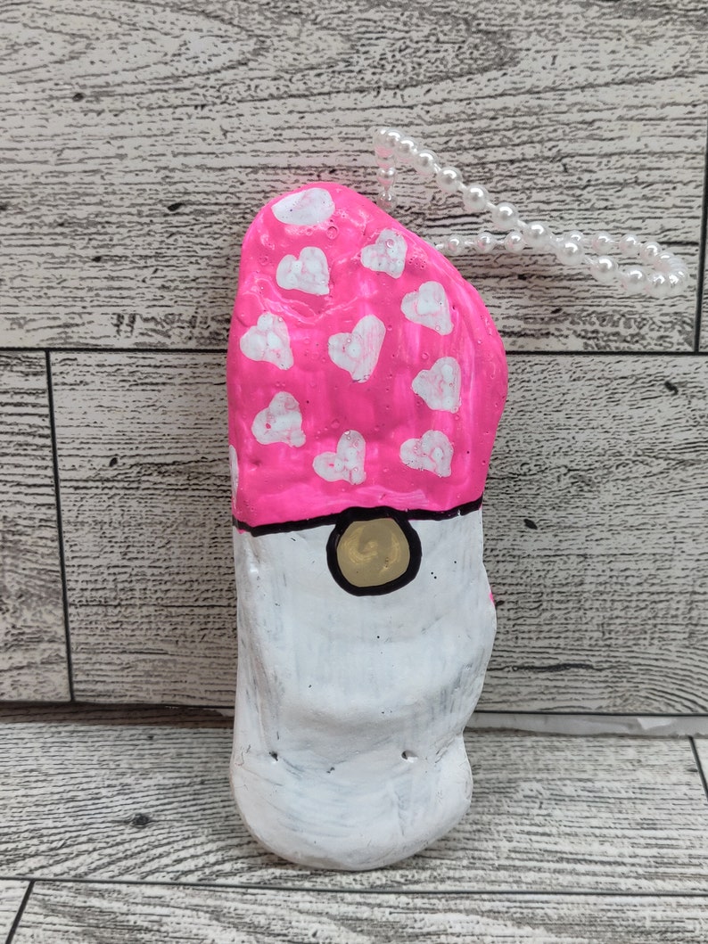 Gnome Oyster Shell Ornament Hand Painted Christmas Tree Ornament Gnome for the Holidays Pink Hearts image 4
