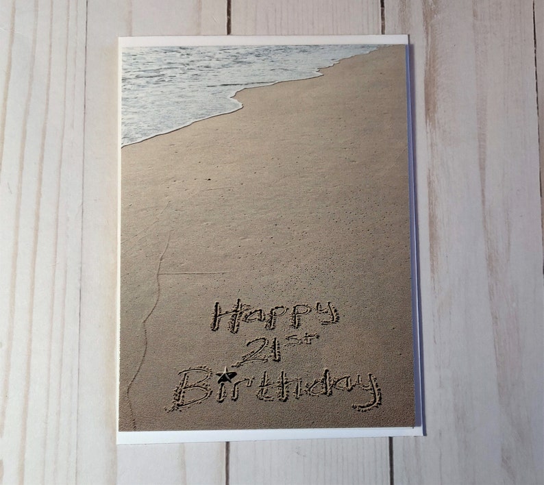Happy 21st Birthday Card. Beach Writing, Sand Writing, Beach Present, Photo Card, image 2