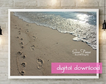 Walking with your dog along the beach, Footprints on beach, Paw prints on Beach, Digital Download, Beach Writing