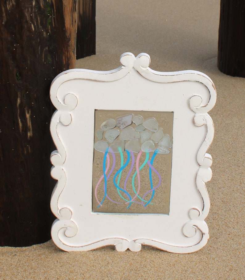 Sea Glass Art, Sea Glass Gift, Pastel Jellyfish, Sea Glass, Sun Catcher, Mosaic, Wood Art, Wall Hanging, Nautical, Beach Decor image 2