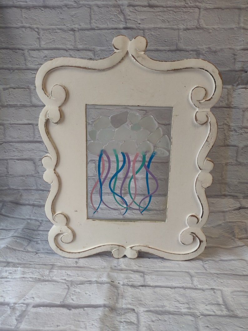 Sea Glass Art, Sea Glass Gift, Pastel Jellyfish, Sea Glass, Sun Catcher, Mosaic, Wood Art, Wall Hanging, Nautical, Beach Decor image 10