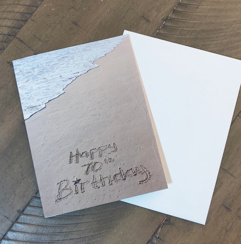 Happy 70th Birthday Beach Card, Beach Writing, Ocean, Beach Photo Card, Beach Gift, Birthday Gift, Present image 1
