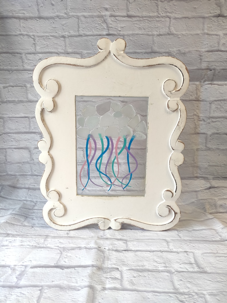 Sea Glass Art, Sea Glass Gift, Pastel Jellyfish, Sea Glass, Sun Catcher, Mosaic, Wood Art, Wall Hanging, Nautical, Beach Decor image 4