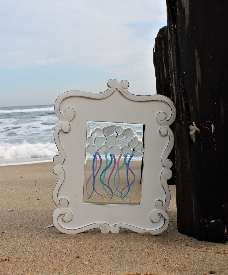 Sea Glass Art, Sea Glass Gift, Pastel Jellyfish, Sea Glass, Sun Catcher, Mosaic, Wood Art, Wall Hanging, Nautical, Beach Decor image 1