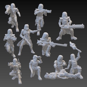 Könnte beinhalten: Eine Ansammlung weißer, futuristischer Soldatenfiguren in verschiedenen Actionposen. Jede Figur ist mit Waffen und Rüstung ausgestattet, was auf ein Science-Fiction- oder Fantasy-Thema hindeutet. Die Figuren sind vor einem neutralen grauen Hintergrund platziert.
