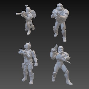 May include: Four white action figures of futuristic soldiers in various poses. One figure is aiming a rifle, another is holding a pistol, and two others are in combat stances. The figures are detailed with armour and helmets.