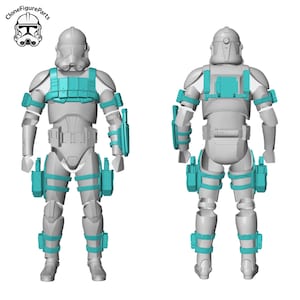 May include: A gray action figure of a clone trooper, shown from the front and back. The figure has teal-colored armor accents, including chest plates, armbands, and leg straps. The figure has a helmet and is standing upright.