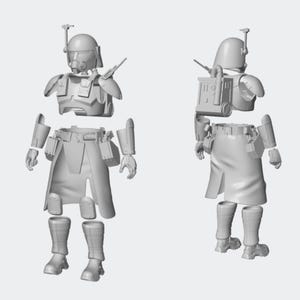Può includere: Un'action figure smontata, grigio chiaro, di un personaggio con elmetto e armatura. La figura è suddivisa in parti separate, tra cui l'elmetto, il corpetto, la cintura, le braccia, le gambe e gli stivali. La figura è mostrata da davanti e da dietro.