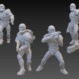 Könnte beinhalten: Vier weiße Actionfiguren von Soldaten in futuristischer Rüstung, die jeweils einen Blaster halten. Die Figuren befinden sich in verschiedenen Posen, darunter Stehen, Knien und Zielen. Die Figuren befinden sich auf grauem Hintergrund.