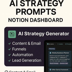 Puede incluir: Gráfico digital que promociona indicaciones de estrategia de IA para un panel de Notion. El texto dice "75+ Indicaciones de estrategia de IA" y enumera características como contenido y correo electrónico, embudos y automatización. Una captura de pantalla muestra un planificador comercial semanal.