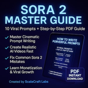 May include: A digital guide titled "SORA 2 MASTER GUIDE" with a dark blue background. The guide promises 10 viral prompts and a step-by-step PDF. Key features include cinematic prompt writing, AI video creation, and monetization strategies.