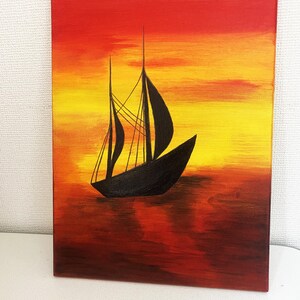 Sailing into Sunset – 30x40cm Acrylic Sailboat Painting, Fiery Ocean Wall Art on Canvas