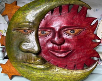 Celestial Sun Moon Faces Carved Wooden Wall Decor Red Burgandy Green