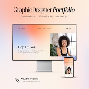 Könnte beinhalten: Ein Computermonitor und ein Smartphone zeigen das Portfolio eines Grafikdesigners. Der Monitor zeigt eine Website mit dem Text "Hey, I'm Ava", und das Smartphone spiegelt das Design wider. Das Bild enthält den Text "Graphic Designer Portfolio" und "Canva Website | Fully editable | User friendly."