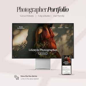 May include: A computer monitor and smartphone showcase a website design for a lifestyle photographer. The website features a person in a rust-coloured dress. Text on the screen includes "Photographer Portfolio" and "Lifestyle Photographer."