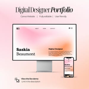 Puede incluir: Un portafolio de diseñador digital que se muestra en un monitor de computadora y un teléfono inteligente. El sitio web presenta un fondo degradado rosa y blanco con el nombre "Saskia Beaumont". El texto incluye "Digital Designer" y "Canva Website."