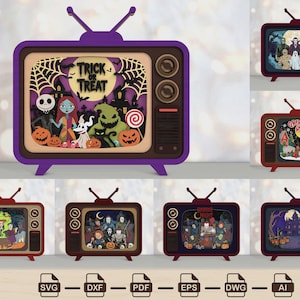 Op de afbeelding: Een paars, gelaagd ontwerp in de vorm van een televisie met een centraal scherm met personages uit The Nightmare Before Christmas en de tekst Trick or Treat, naast zes andere televisieontwerpen met diverse horror- en vakantiethema's.