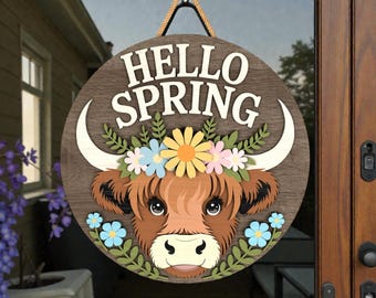 Bonjour printemps vache Highland SVG, panneau de bienvenue rond tête de vache mignonne, accroche-porte de ferme en couches, fichier découpé au laser pour Glowforge Xtool