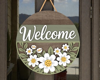 Welcome Daisy Flower Door Hanger SVG, Floral Welcome Sign, Layered Round Porch Decor, Laser Cut File for Glowforge Xtool Cricut