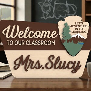 Nationalpark Klassenzimmer Zeichen Laser geschnitten SVG, personalisiertes Lehrer Name Zeichen SVG, Abenteuer Thema Schuldekor, Glowforge xTooll