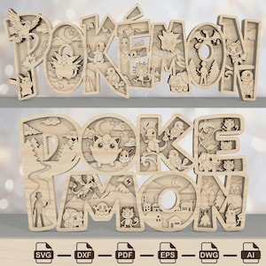 May include: Two layered wooden wall art pieces featuring the word POKEMON. Each letter contains intricate cutouts of various animated creatures, landscapes, and symbols. The design includes characters like Pikachu, Charmander, and Bulbasaur.